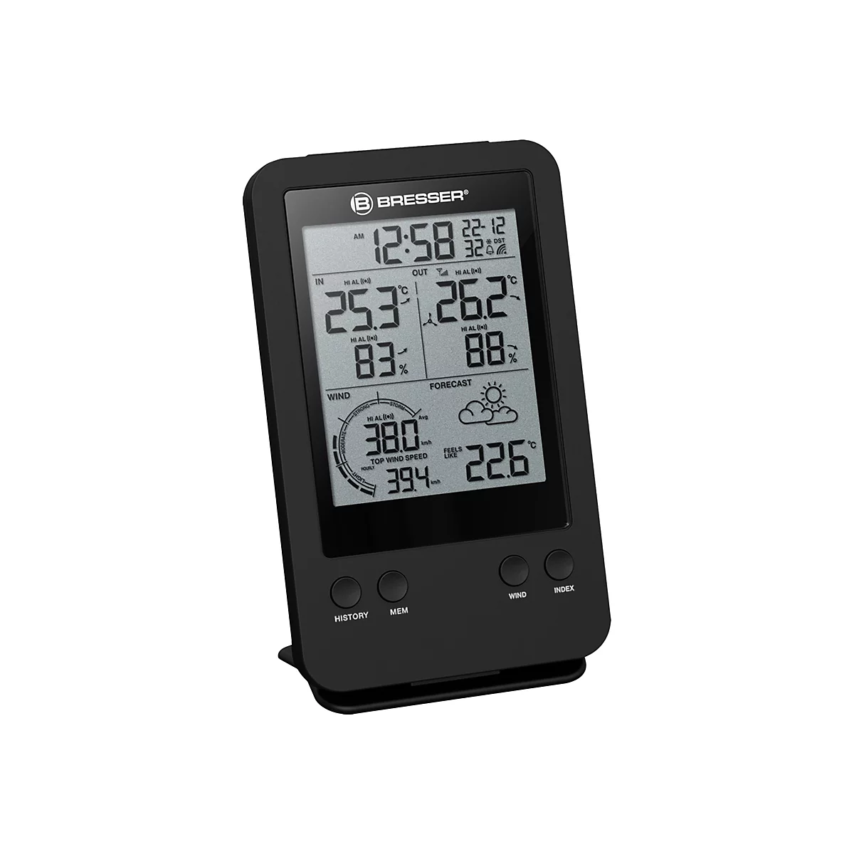 Schwarze Bresser Wetterstation mit digitalem LCD-Display zeigt Temperatur, Luftfeuchtigkeit, Winddaten und Wettervorhersage an.