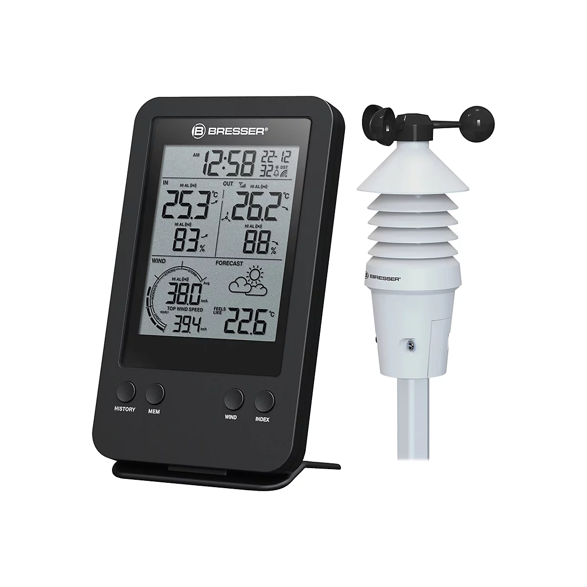 Digitale Wetterstation von Bresser mit schwarzem Display und weißem Außensensor.
