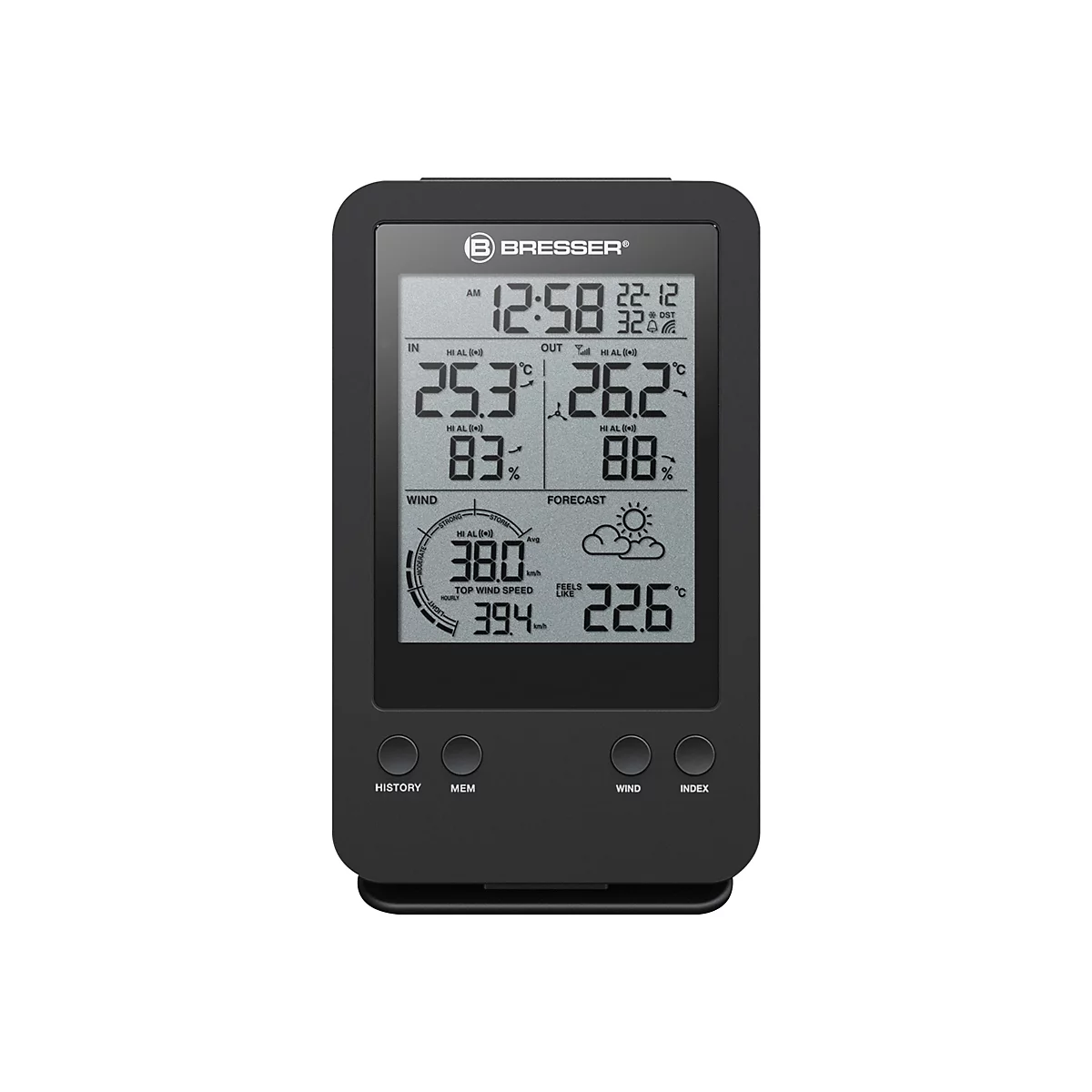 Schwarze Bresser Wetterstation mit digitalem Display zeigt Temperatur, Luftfeuchtigkeit, Windgeschwindigkeit und Wetter.