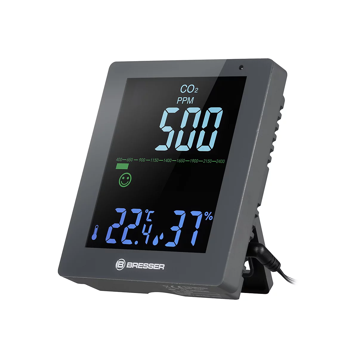 Digitales Bresser CO2-Messgerät mit Display für CO2-Gehalt, Temperatur und Luftfeuchtigkeit.