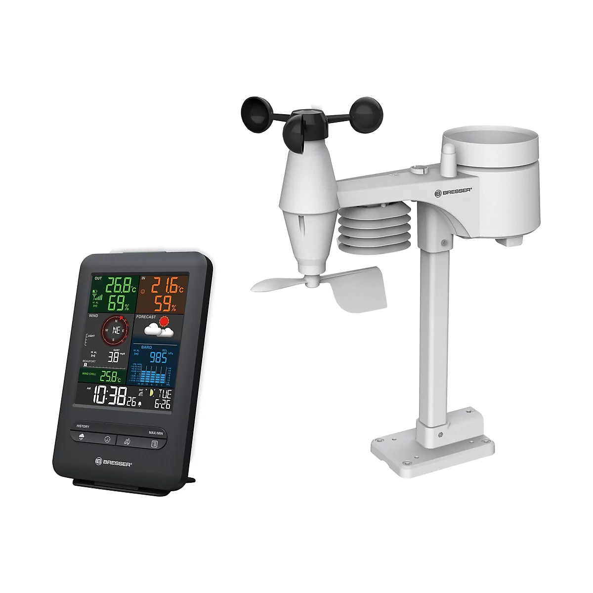 Digitale Wetterstation von Bresser mit farbigem Display und externem Sensor für Wind und Temperatur.