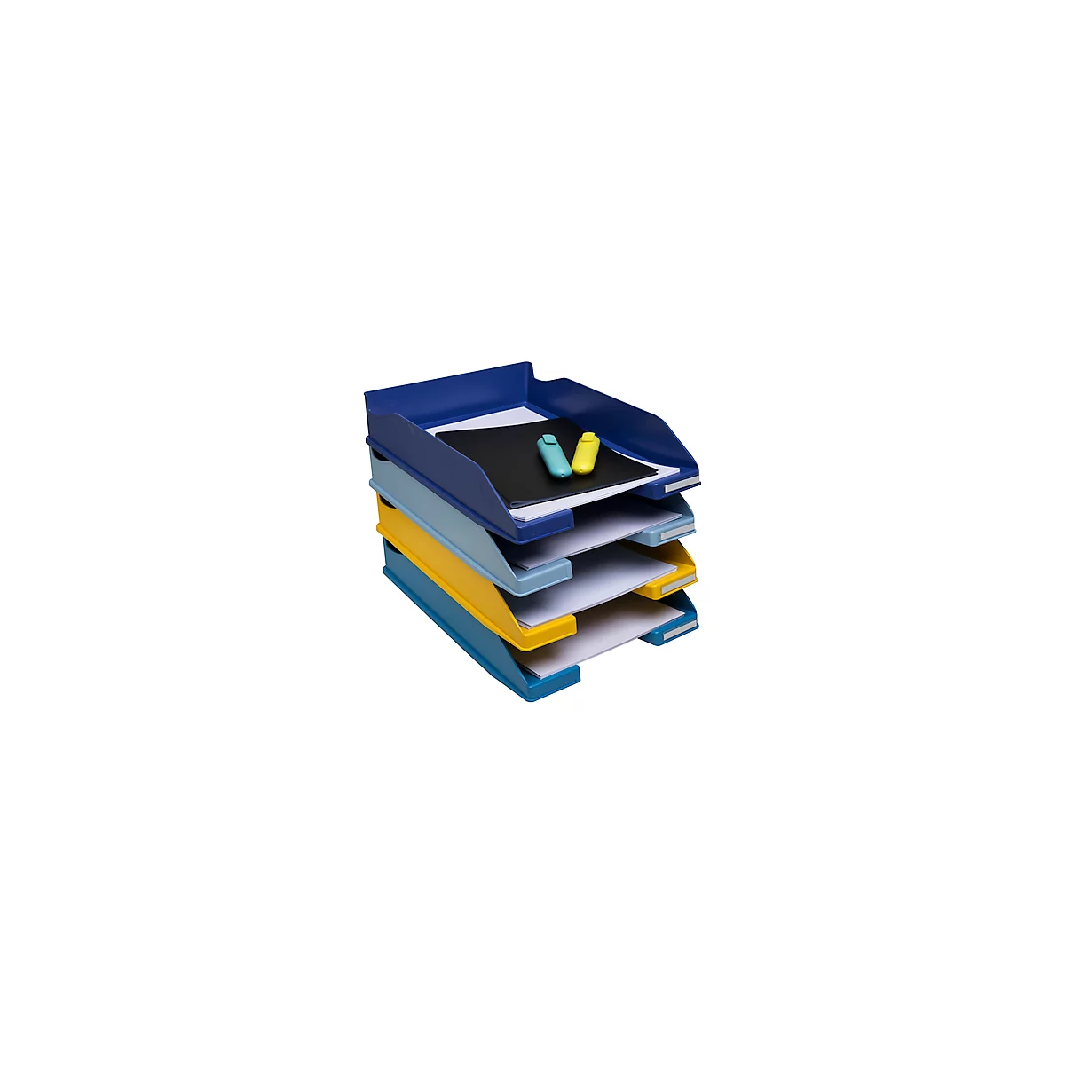 Briefablage Set Exacompta BEE BLUE Combo-Midi, 4-teilig, für Format A4+, stapelbar, Etikettenhalter, Blauer Engel, Polystyrol, mehrfarbig