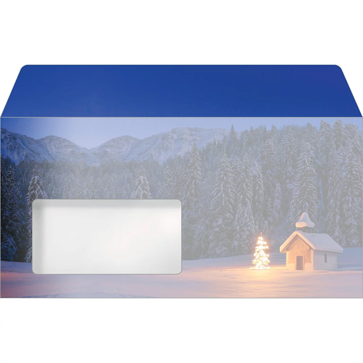 Briefumschläge Sigel Christmas Chapel, DIN lang, weihnachtliches Kerzen-Motiv, Sichtfenster, gummierter Verschluss, FSC®-Papier, blau, 50 Stück