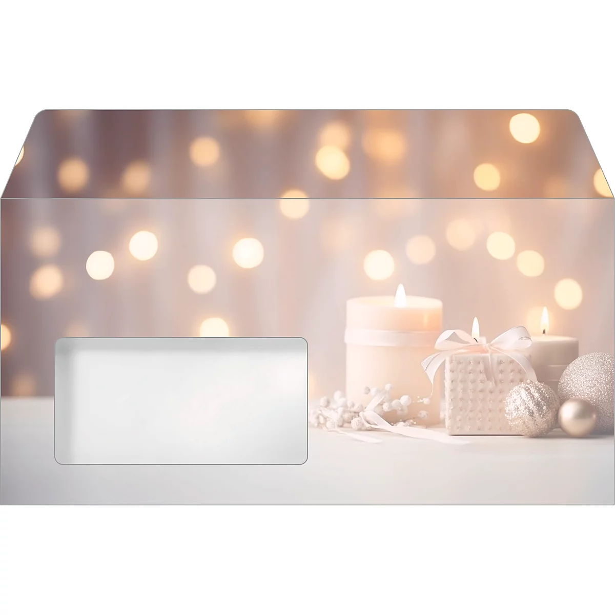 Briefumschläge Sigel Golden Glow, DIN lang, weihnachtliches Kerzen-Motiv, Sichtfenster, gummierter Verschluss, FSC®-Papier, beige-champagner-gold, 50 Stück
