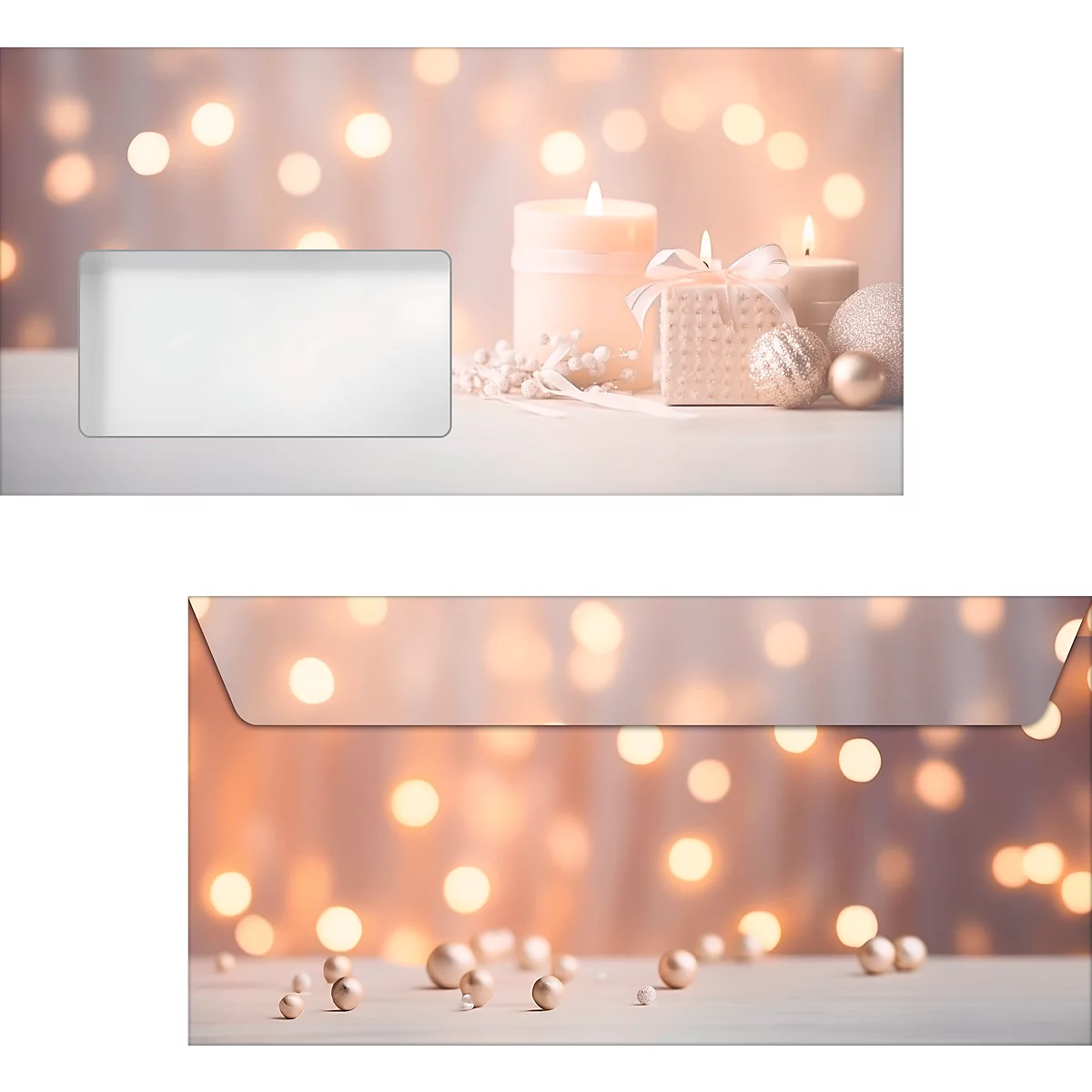Briefumschläge Sigel Golden Glow, DIN lang, weihnachtliches Kerzen-Motiv, Sichtfenster, gummierter Verschluss, FSC®-Papier, beige-champagner-gold, 50 Stück