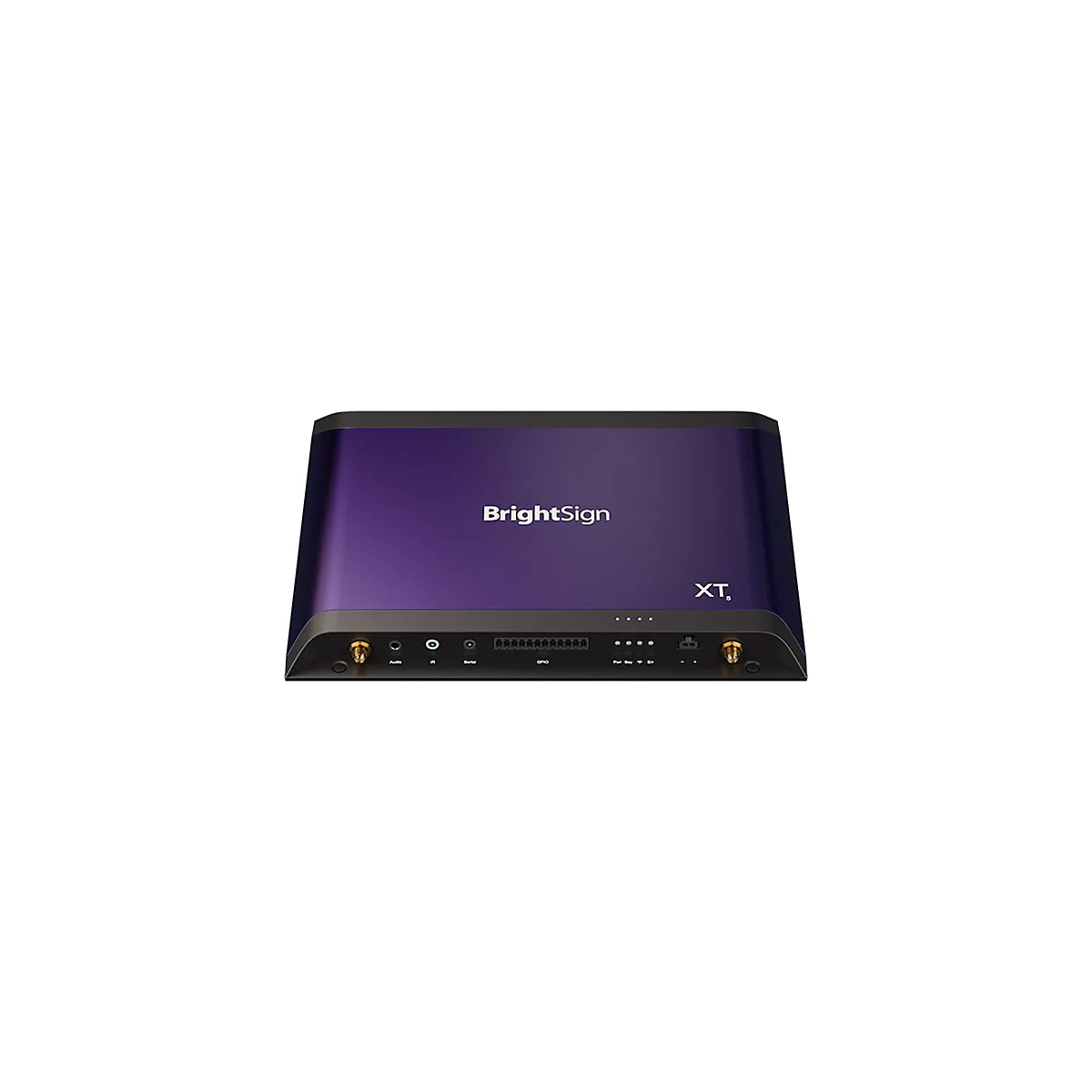 Lila BrightSign XT5 Mediaplayer mit verschiedenen Anschlüssen auf der Vorderseite.