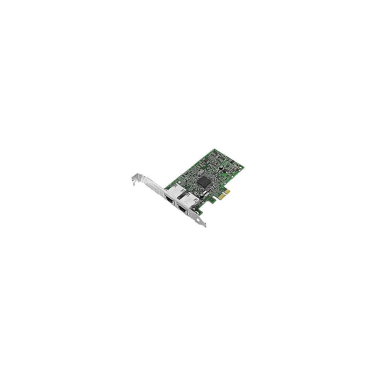 Grüne PCIe-Netzwerkkarte mit zwei LAN-Anschlüssen auf einer Metallblende.