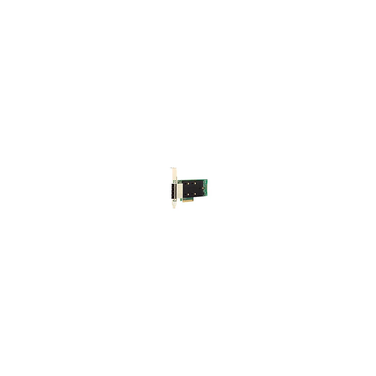 Netzwerkkarte mit grünem PCB, großem schwarzem Kühlkörper und vier Anschlüssen auf einer silbernen Blende.
