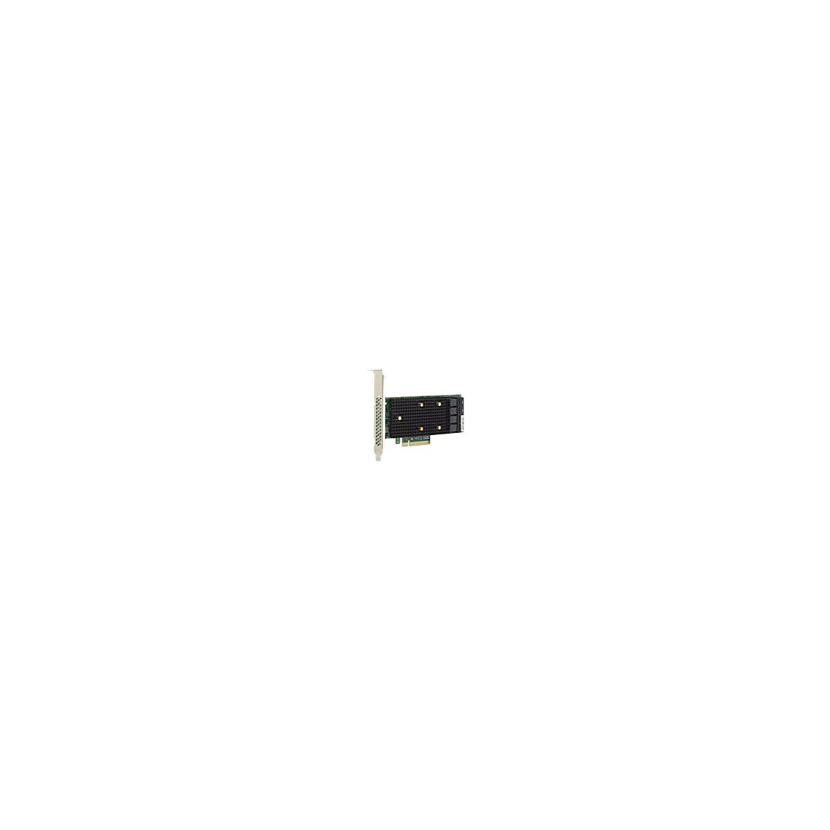 Eine schwarze PCIe-Netzwerkkarte mit silbernem Slot-Blech vor weißem Hintergrund.