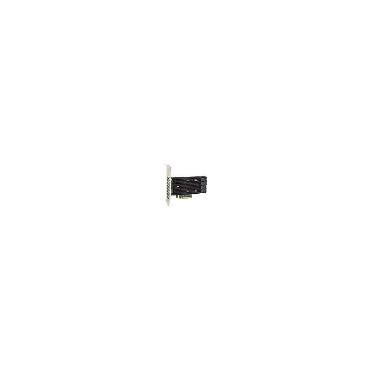 Eine PCIe-Netzwerkkarte mit schwarzem Kühlkörper auf grünem PCB und silbernem Slotblech.