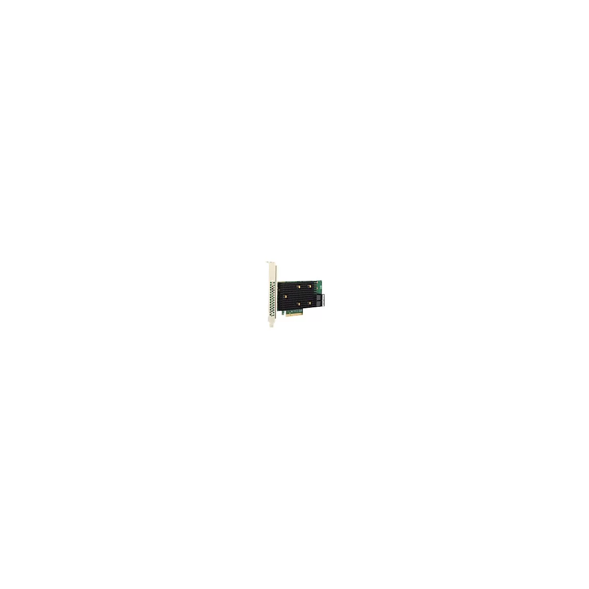 Eine grüne PCIe-Netzwerkkarte mit schwarzem Kühlkörper vor weißem Hintergrund.
