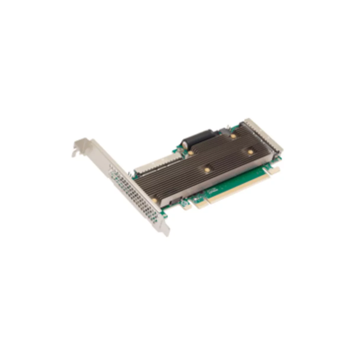 Eine grüne PCIe-Steckkarte mit einem großen grauen Kühlkörper auf einer schwarzen Platine vor weißem Hintergrund.