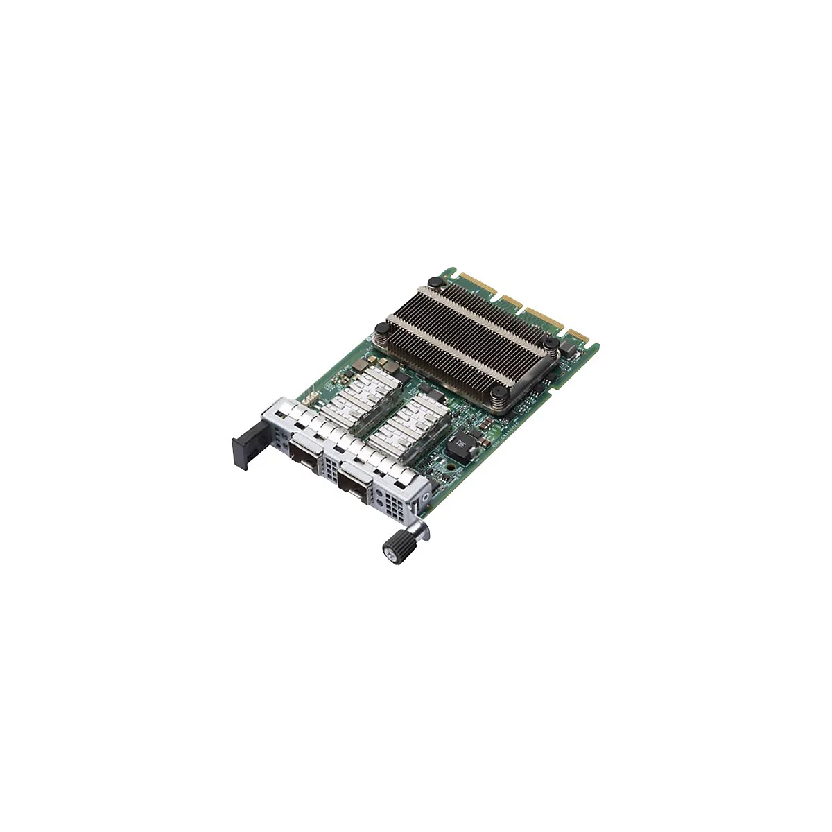 Netzwerkkarte mit grünem PCB, großem Kühlkörper und zwei SFP-Anschlüssen vor weißem Hintergrund.