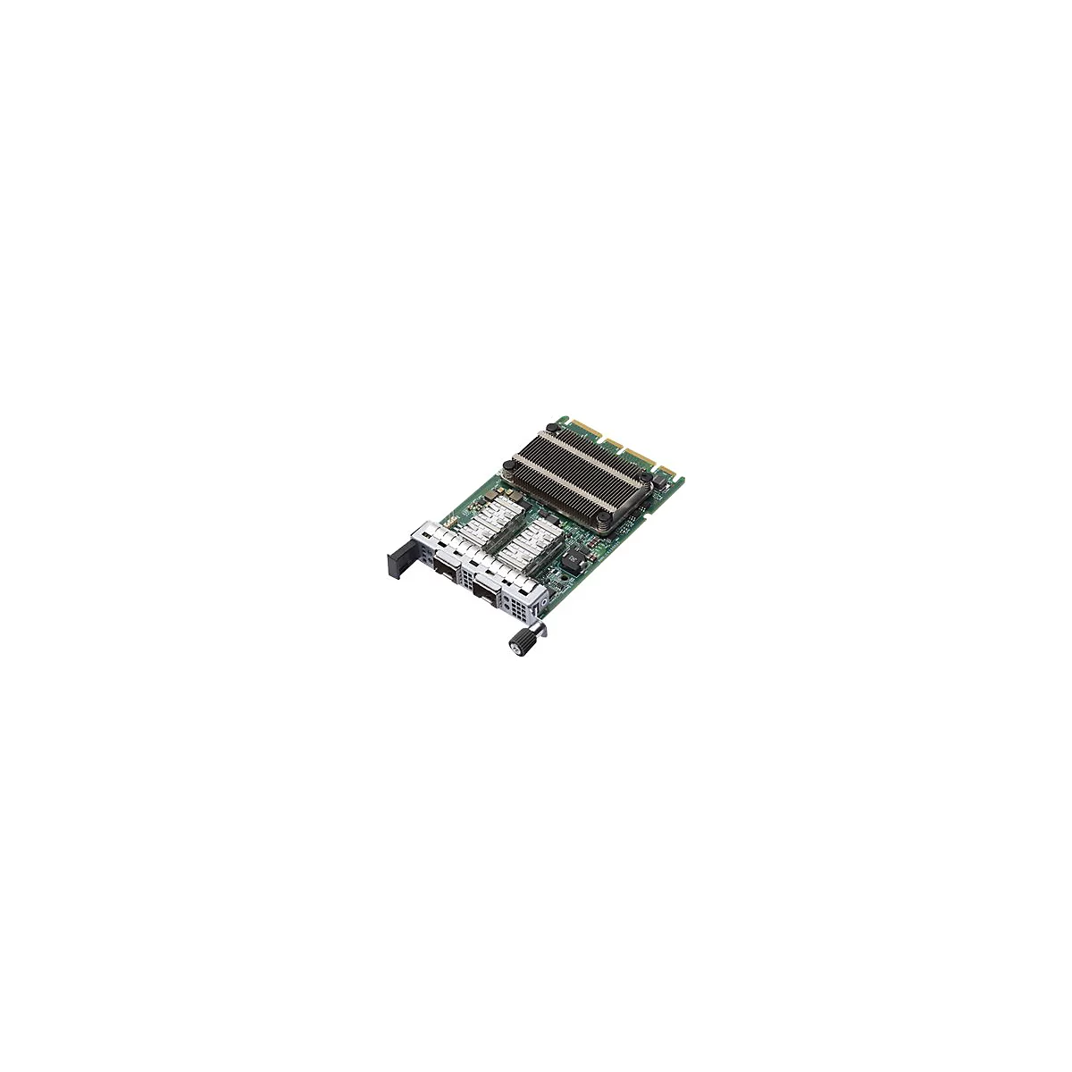 Netzwerkkarte mit grünem PCB, Kühlkörper und zwei SFP-Anschlüssen auf weißem Hintergrund.
