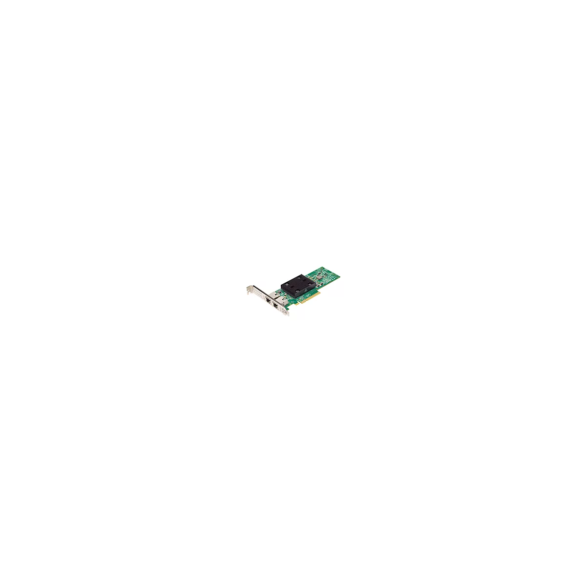 Eine grüne Netzwerkkarte mit zwei Ports, einem schwarzen Kühlkörper und silbernen Anschlüssen.