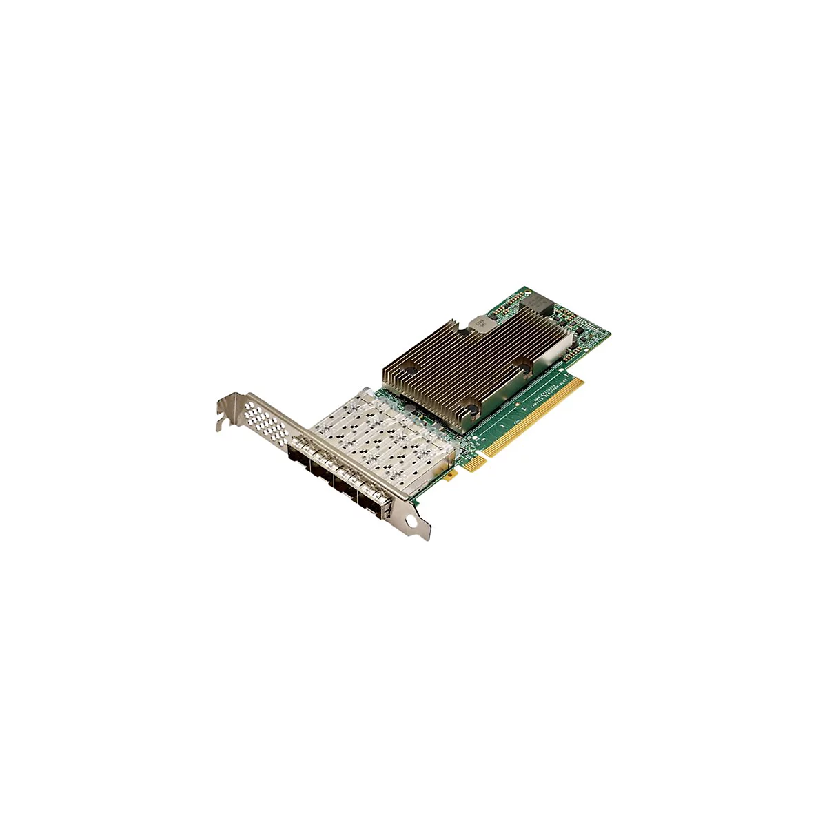 Netzwerkkarte mit vier SFP-Anschlüssen, großem Kühlkörper und grünem PCB vor weißem Hintergrund.