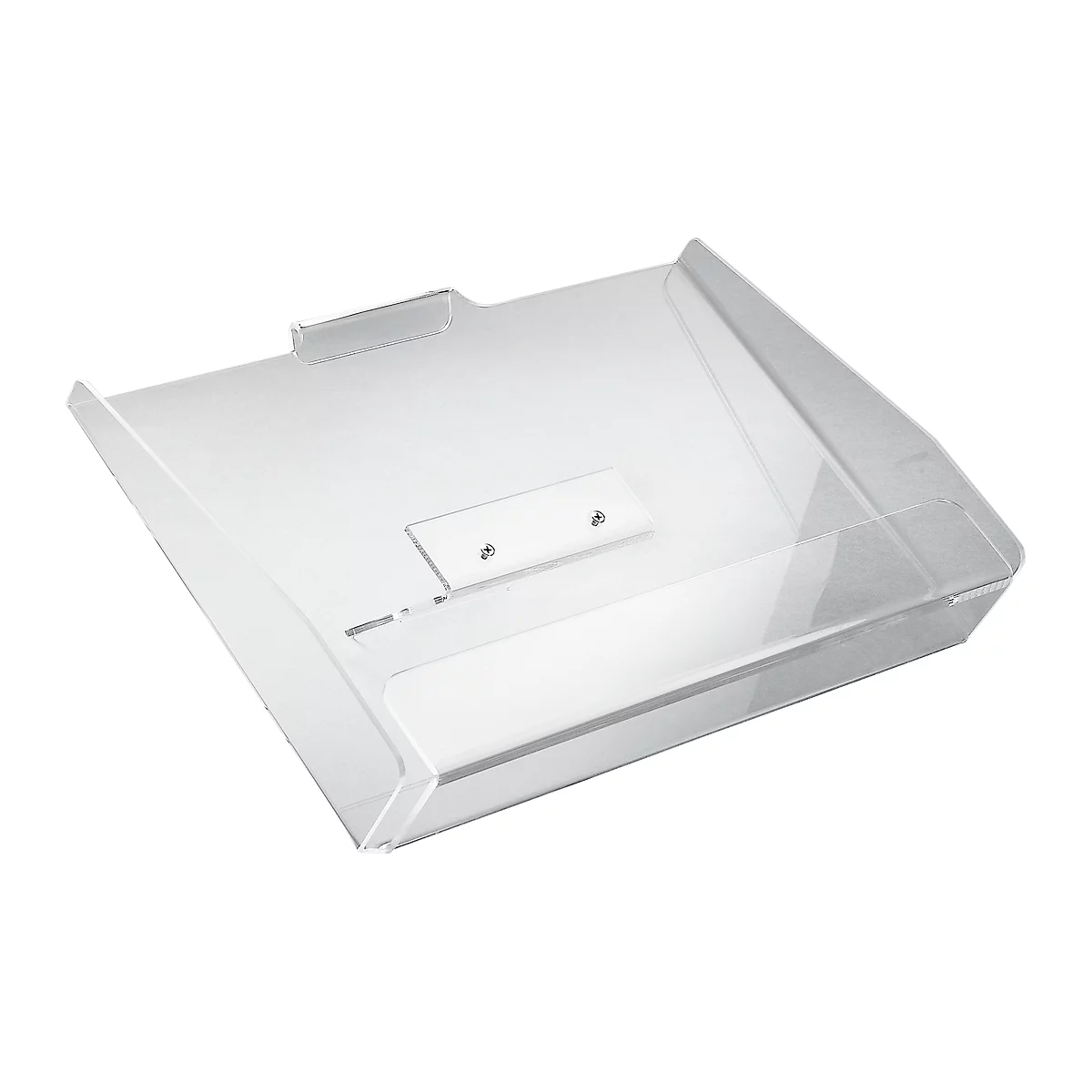 Transparent acrylic tray with a sloped surface and a small white holder. Two screws secure the holder.