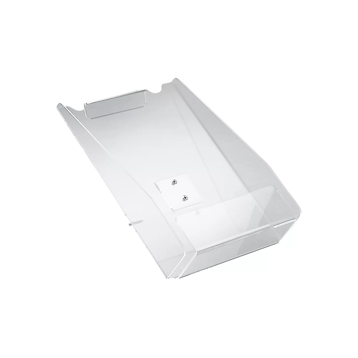Transparent, angled plastic letter tray. A white mounting element with screws is attached to the back.