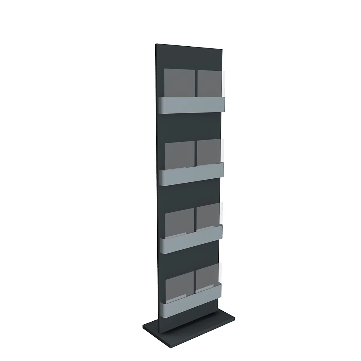 Gray, tall display for brochures with multiple shelves and a base.