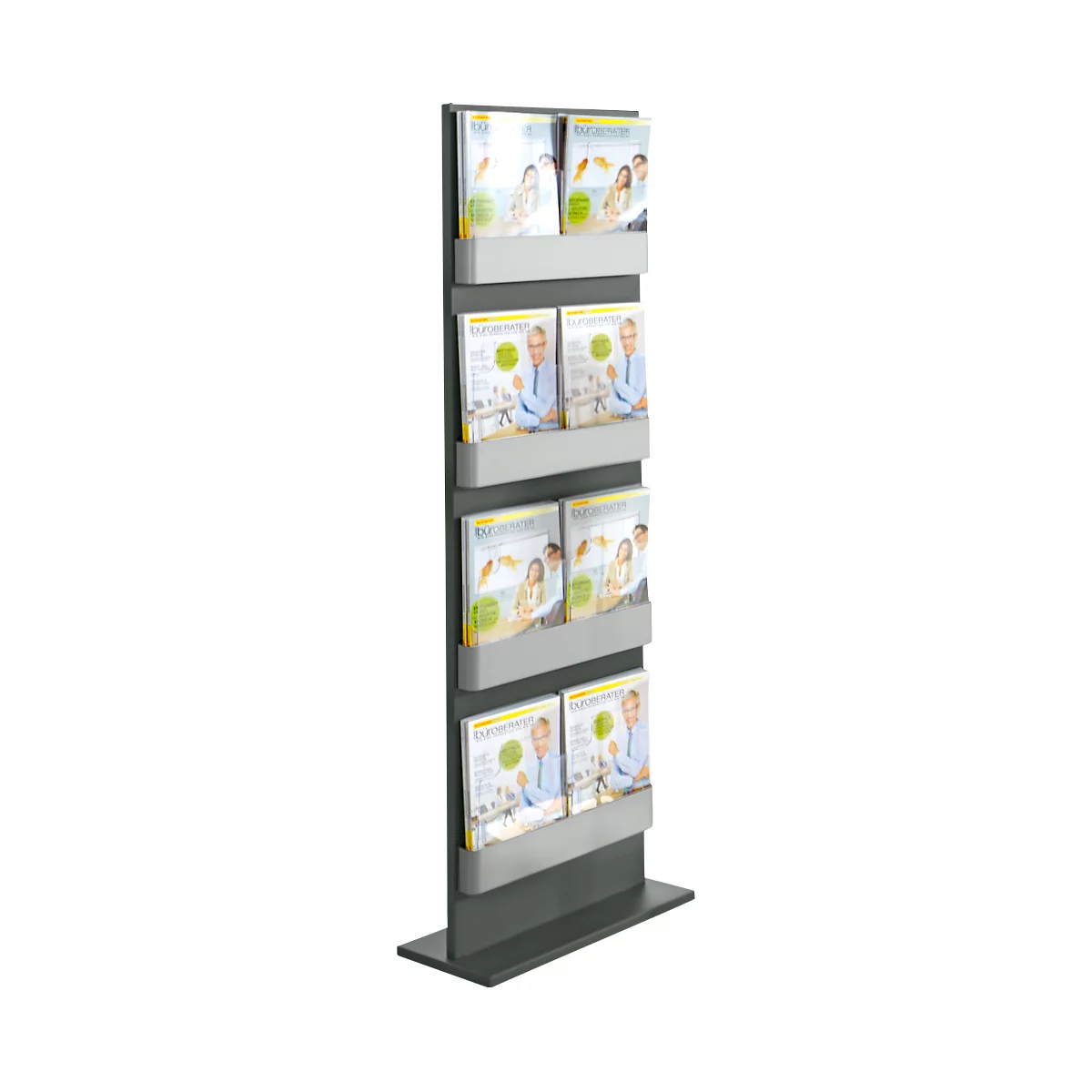 Grey magazine rack with brochures, two per compartment.