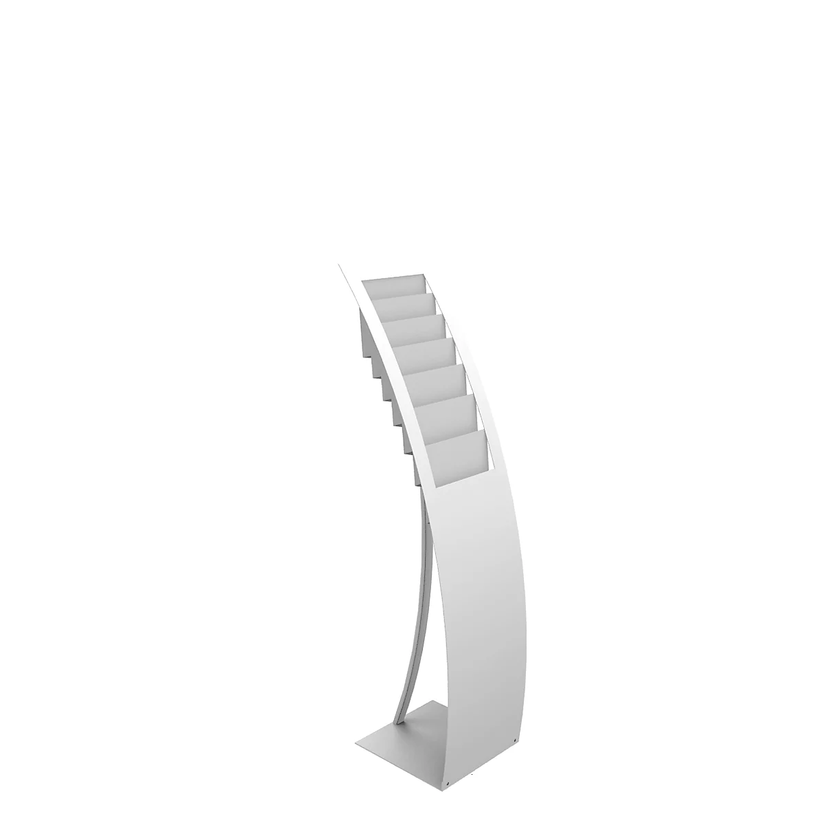 White, curved brochure stand, with eight compartments for brochures, on a white background.