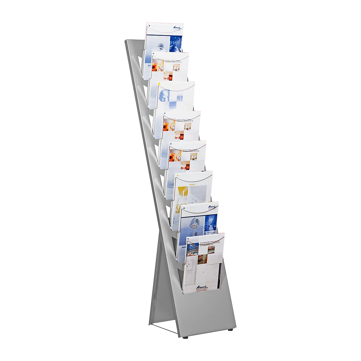 Gray brochure stand with multiple brochures displaying various graphics and logos.