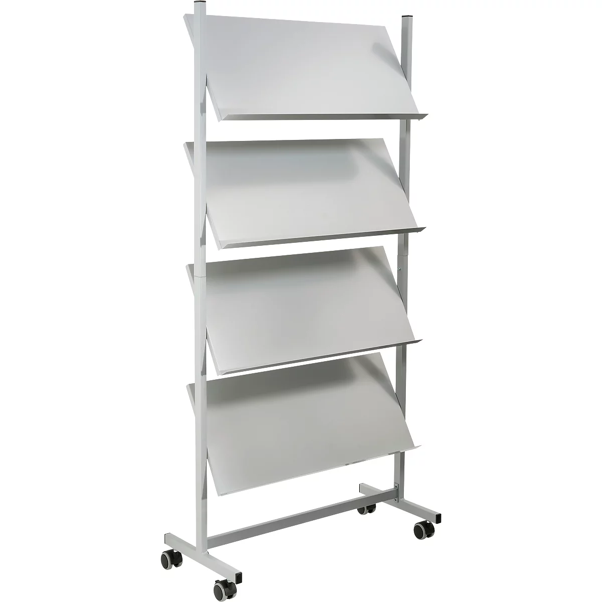Gray magazine rack with four inclined shelves on wheels.