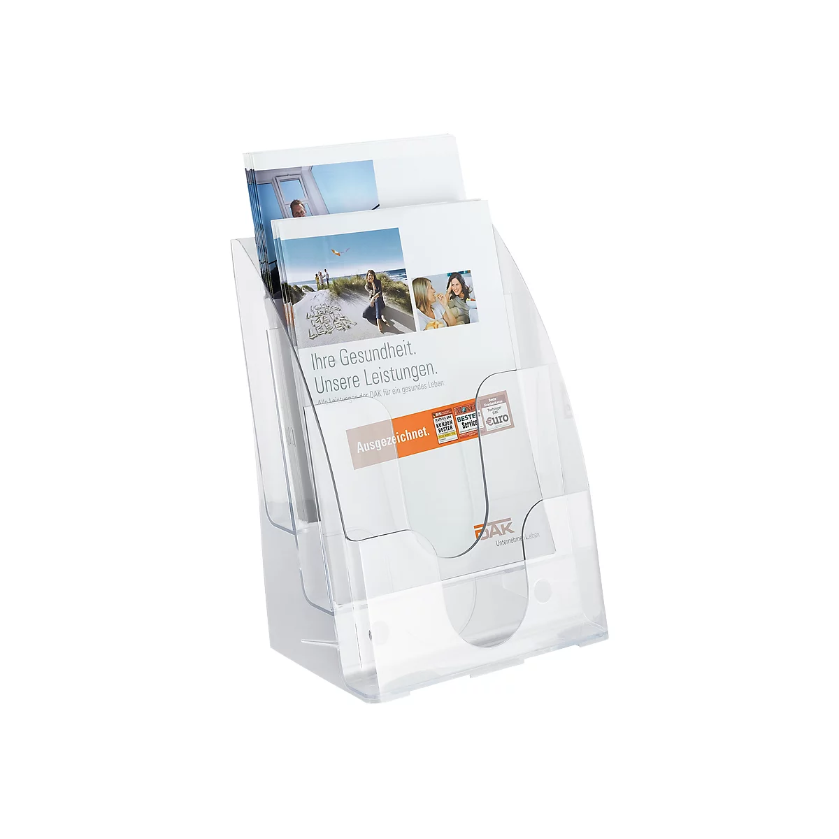 Transparent brochure holder with brochures. A brochure reads: "Your health. Our services."