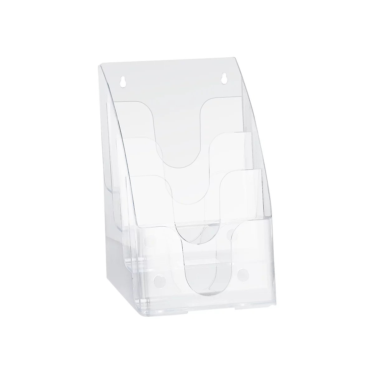 Transparent brochure holder with three compartments, wall mounted.