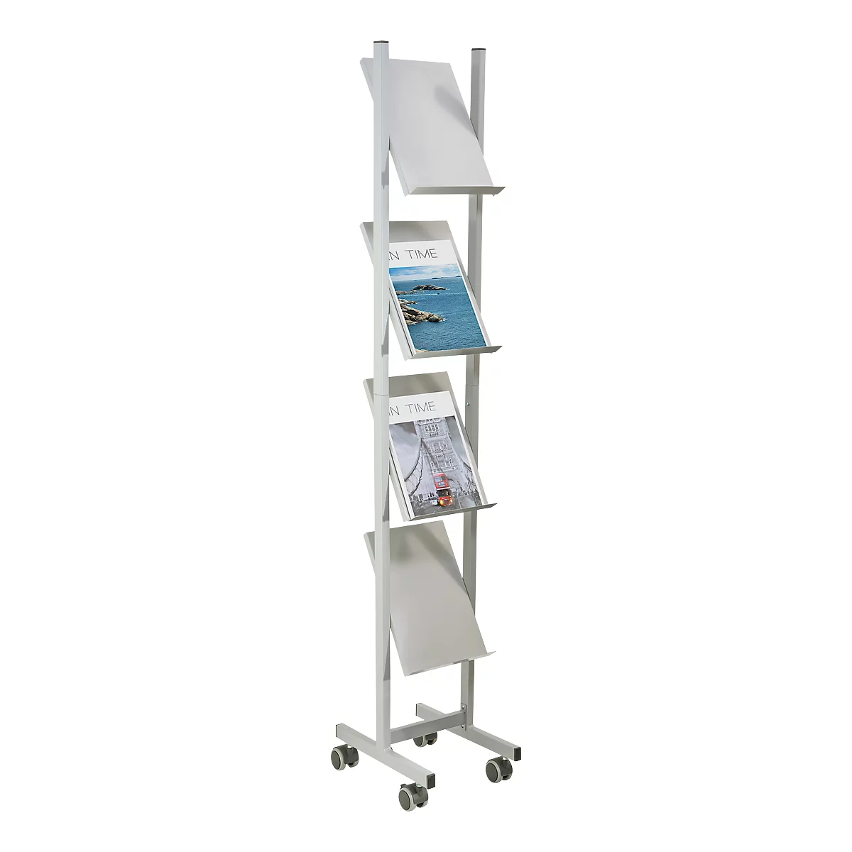Gray brochure stand with four shelves, filled with magazines. The stand stands on wheels.
