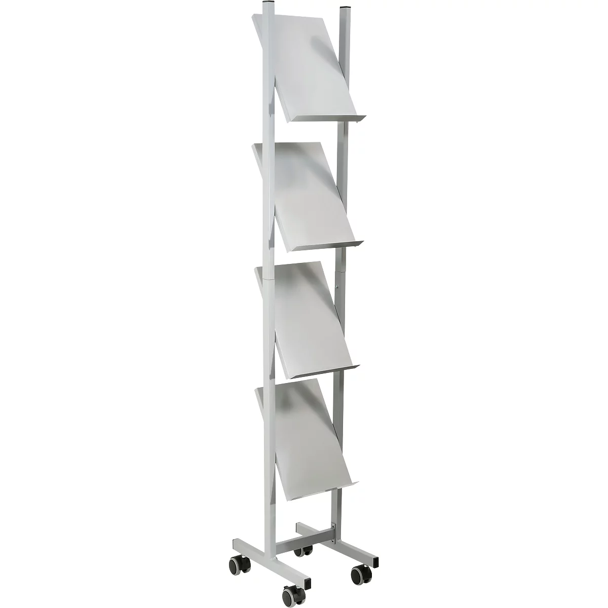 White magazine rack with four shelves, on castors.