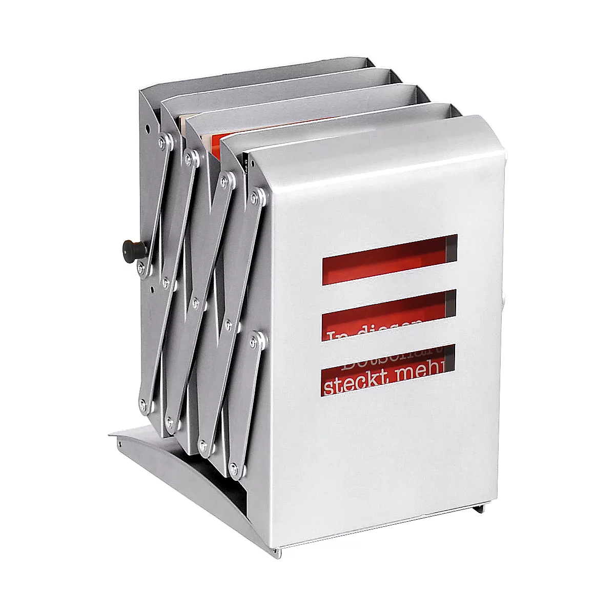 Silver, accordion-like advertising element. It contains red inserts with text. The text reads: In these boxes is more.