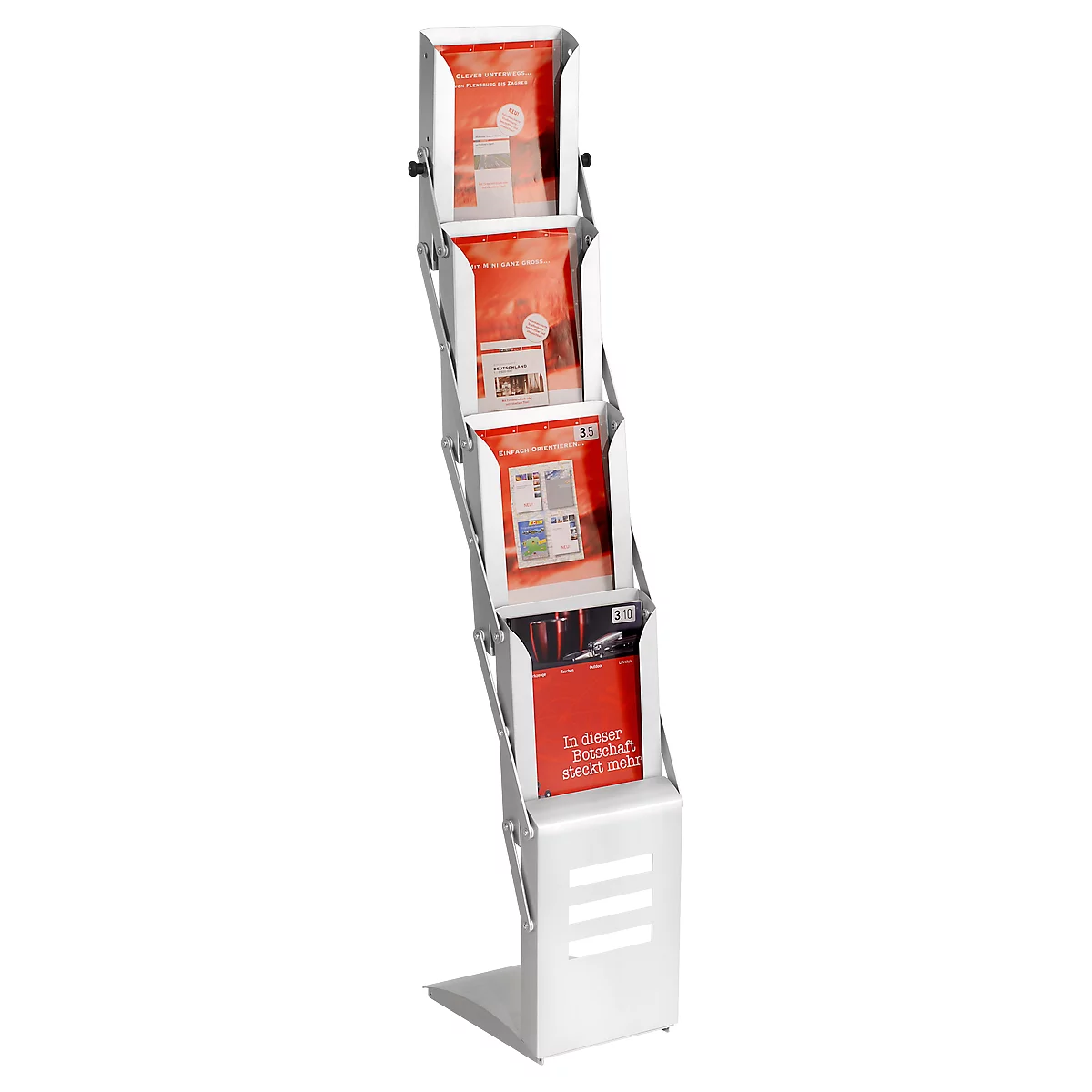A silver brochure stand, filled with red and white brochures. The stand is built in a zig-zag form.