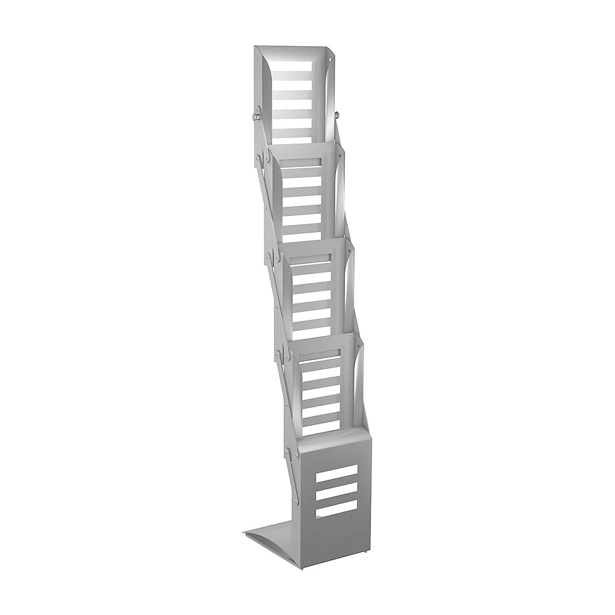 Gray brochure stand with multiple levels. The levels have horizontal slots and are connected by metal struts.
