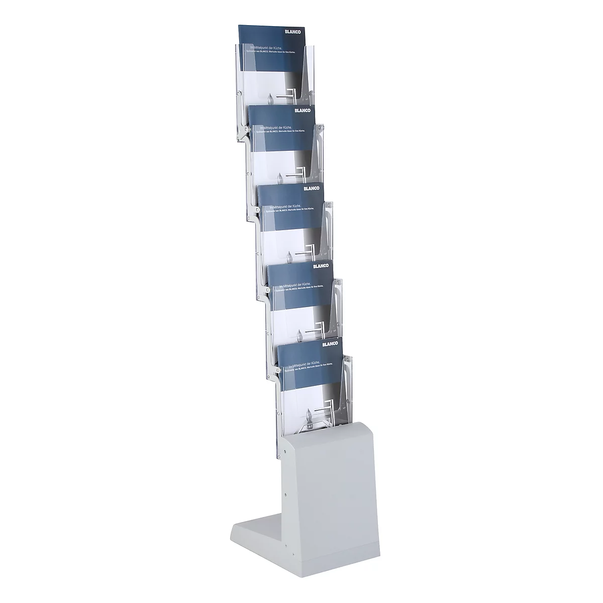 A gray brochure stand with multiple compartments, filled with brochures. The stand is set against a white background.