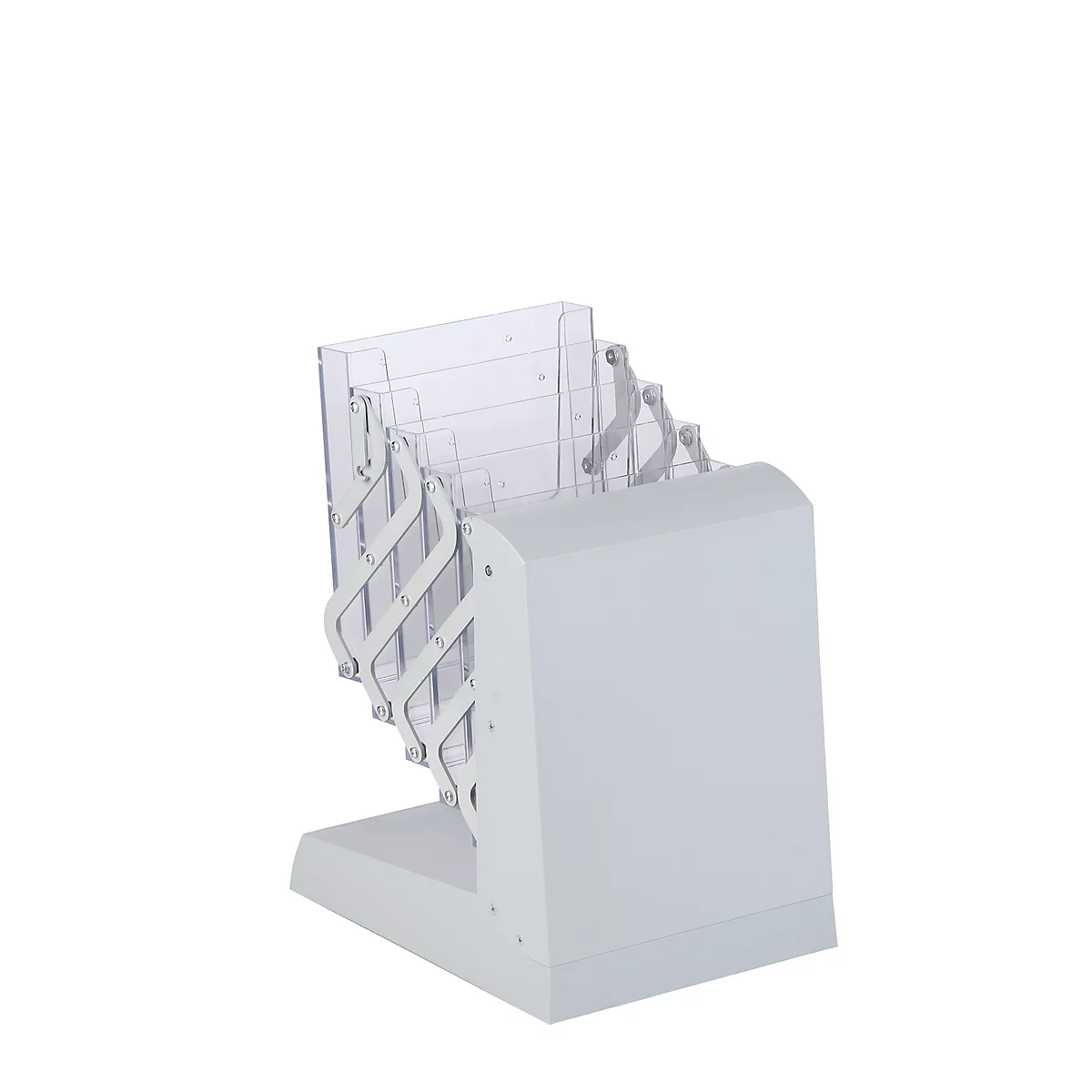 White document holder with transparent compartments and accordion-like design.