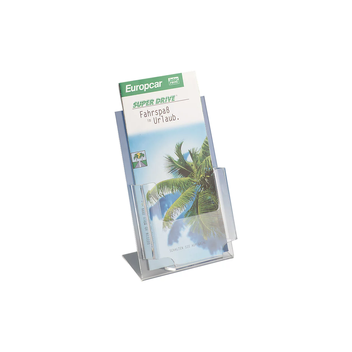 Transparent brochure holder with a brochure, reading "Fahrspaß für Urlaub".