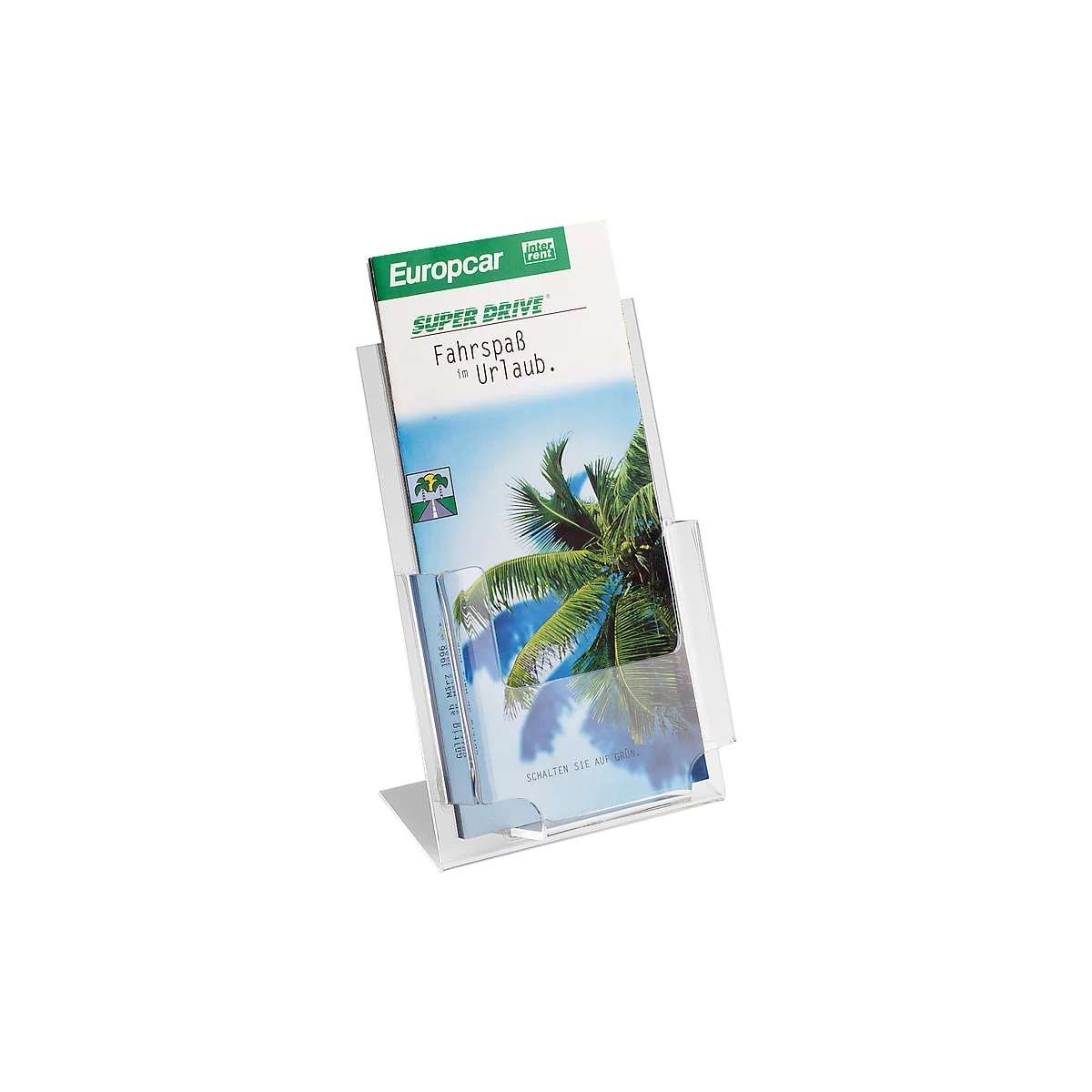 Transparent brochure stand with brochures from Europcar. Print: Super Drive, fun driving to holiday.