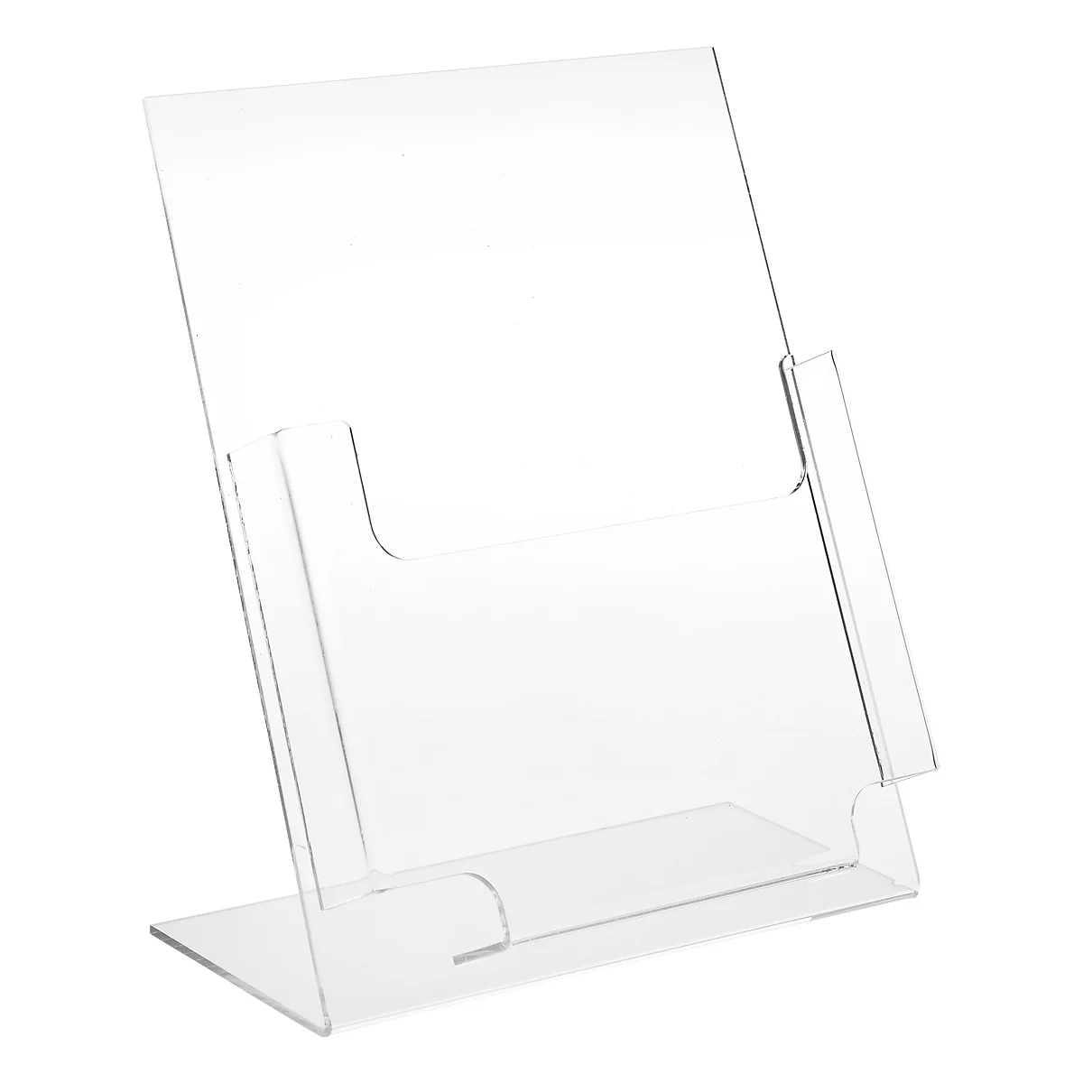 Clear brochure holder. A transparent holder with a slightly angled front and a pocket.