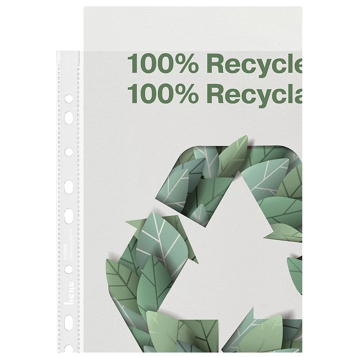 Leaf recycling symbol on light background, with the words '100% Recycle'.
