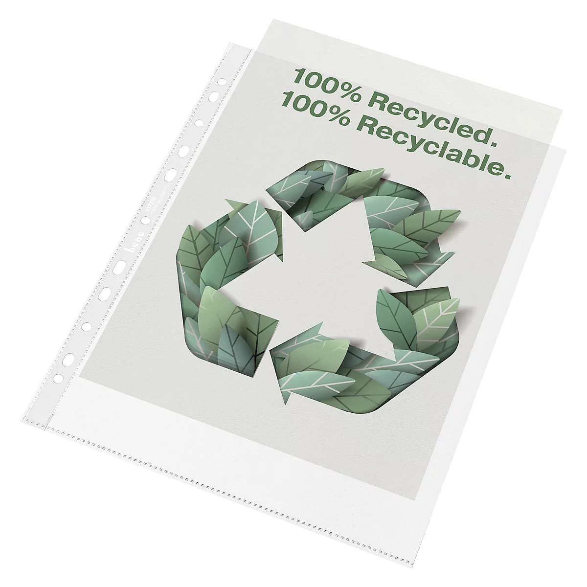 Transparent document sleeve with recycling symbol and text: 100% Recycled. 100% Recyclable.