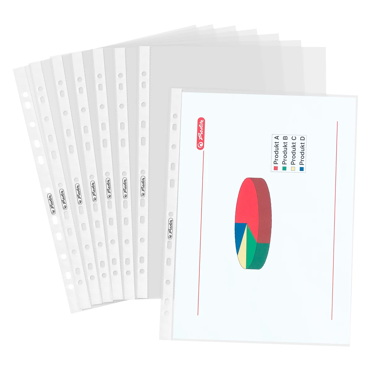 Transparent document sleeves with diagram. A pie chart with the inscription "Product A, B, C, D" can be seen on one sheet.