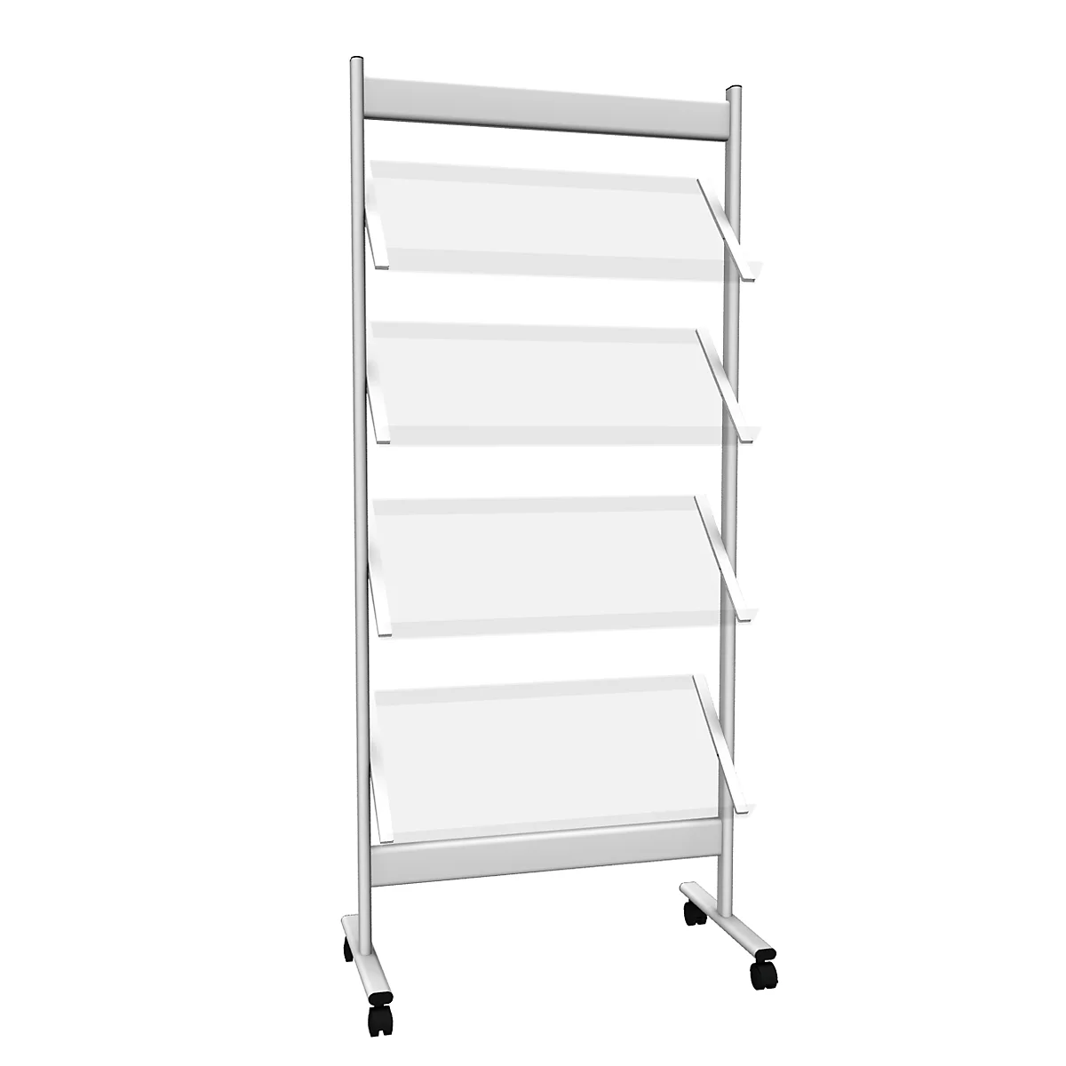 White brochure stand with four compartments, metal frame, on castors.