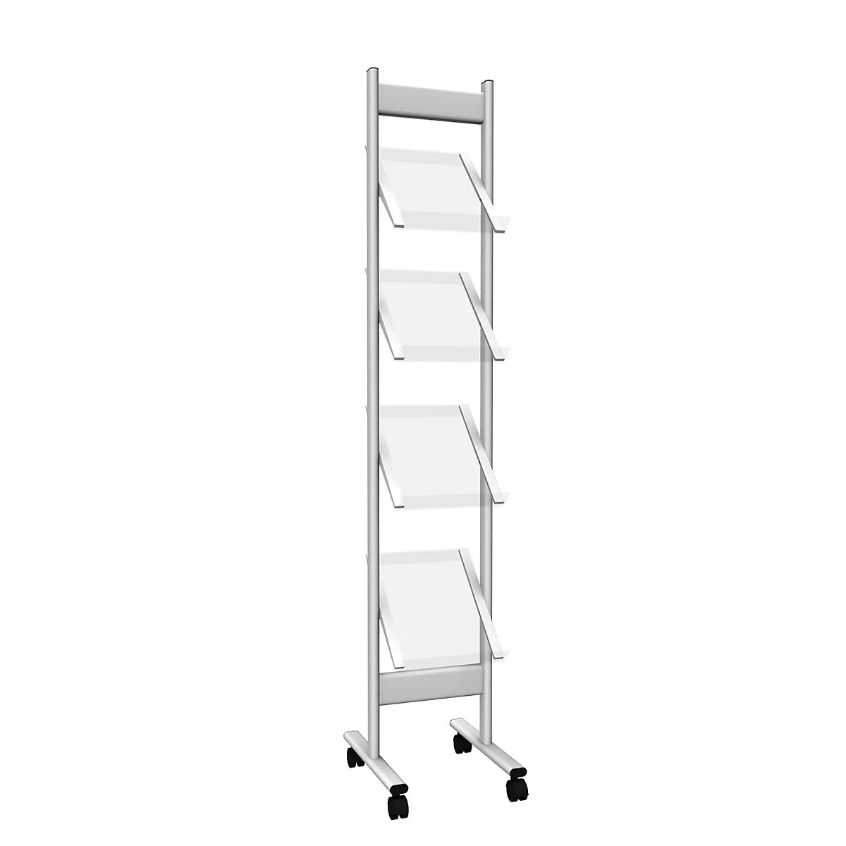 Gray brochure stand with four compartments. The shelves are angled to facilitate the insertion and removal of brochures. On castors.
