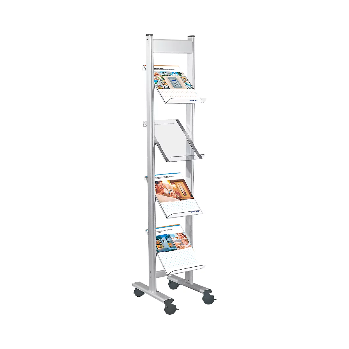 A silver brochure stand with four compartments, filled with brochures, stands on wheels.