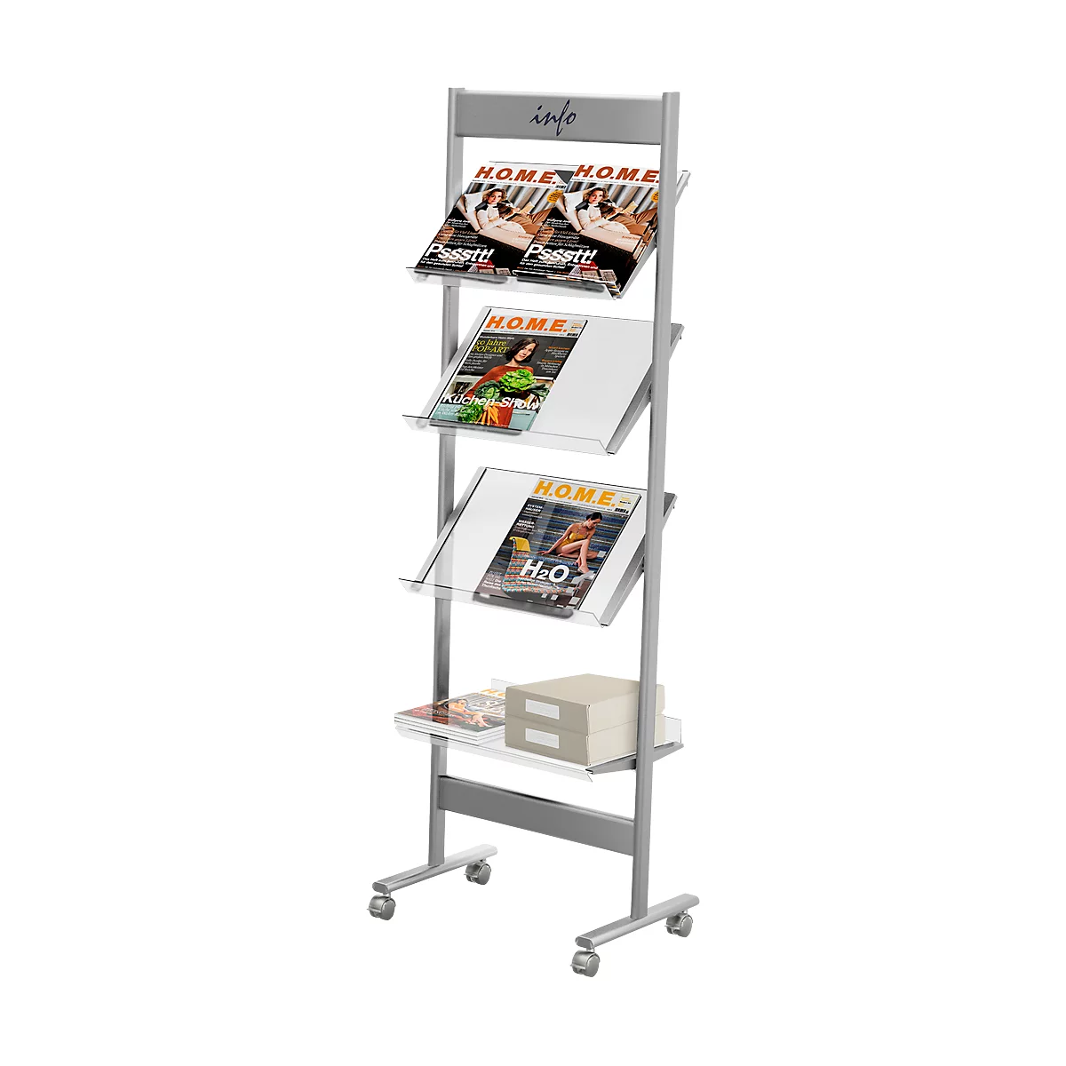 Gray brochure stand with magazines and wheels. "info" at the top.