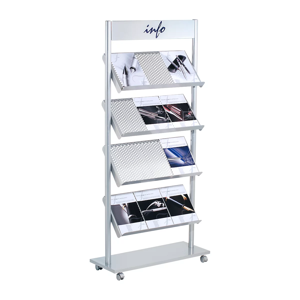 Silver brochure stand with four levels holding flyers with product images. At the top, "info" is written in blue.