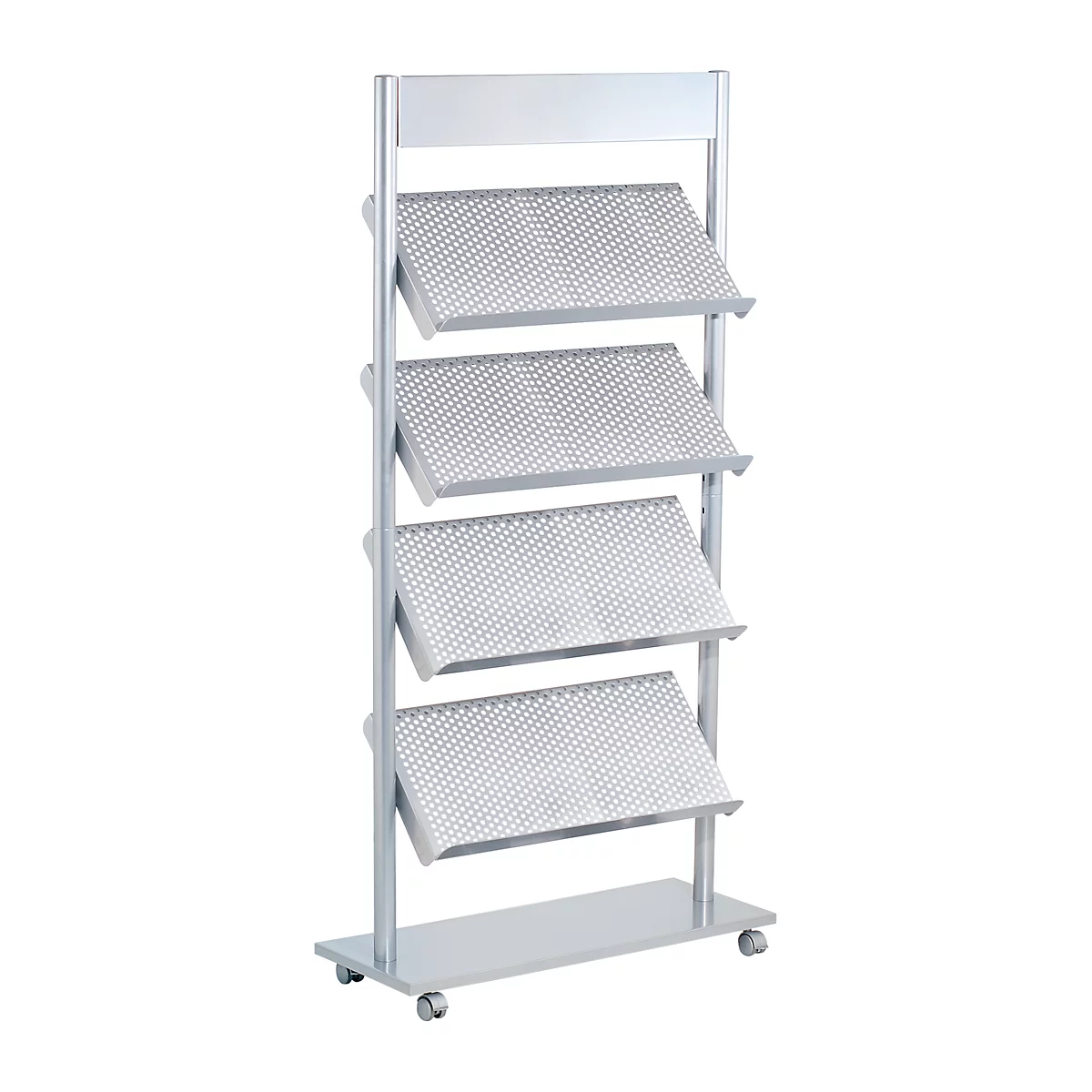 A silver brochure stand with four slanted shelves. The shelves are perforated with small holes. On castors.