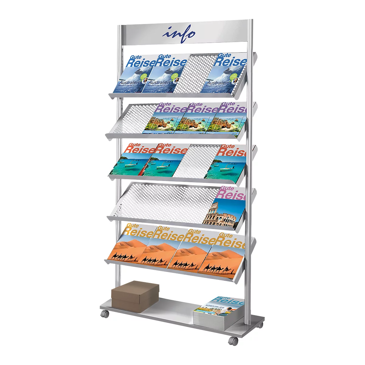 Silver brochure stand with travel brochures. Inscription: Info, Good travel trip.