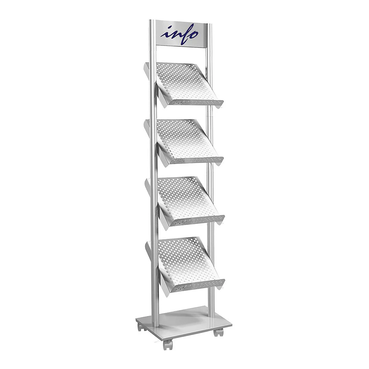 Silver brochure stand with four shelves, with the word "info" above.
